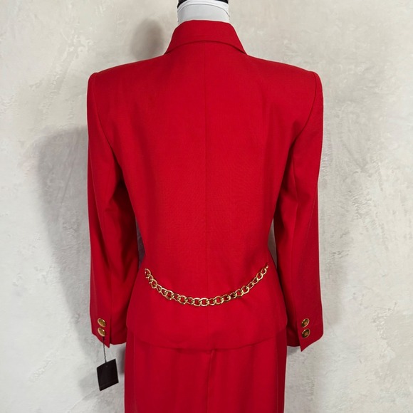 Vintage Kasper Red Midi Skirt Suit 10 8 6 Gold Button Double Breasted Mob Wife - Picture 4 of 16